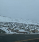 Snowy houses by the highway